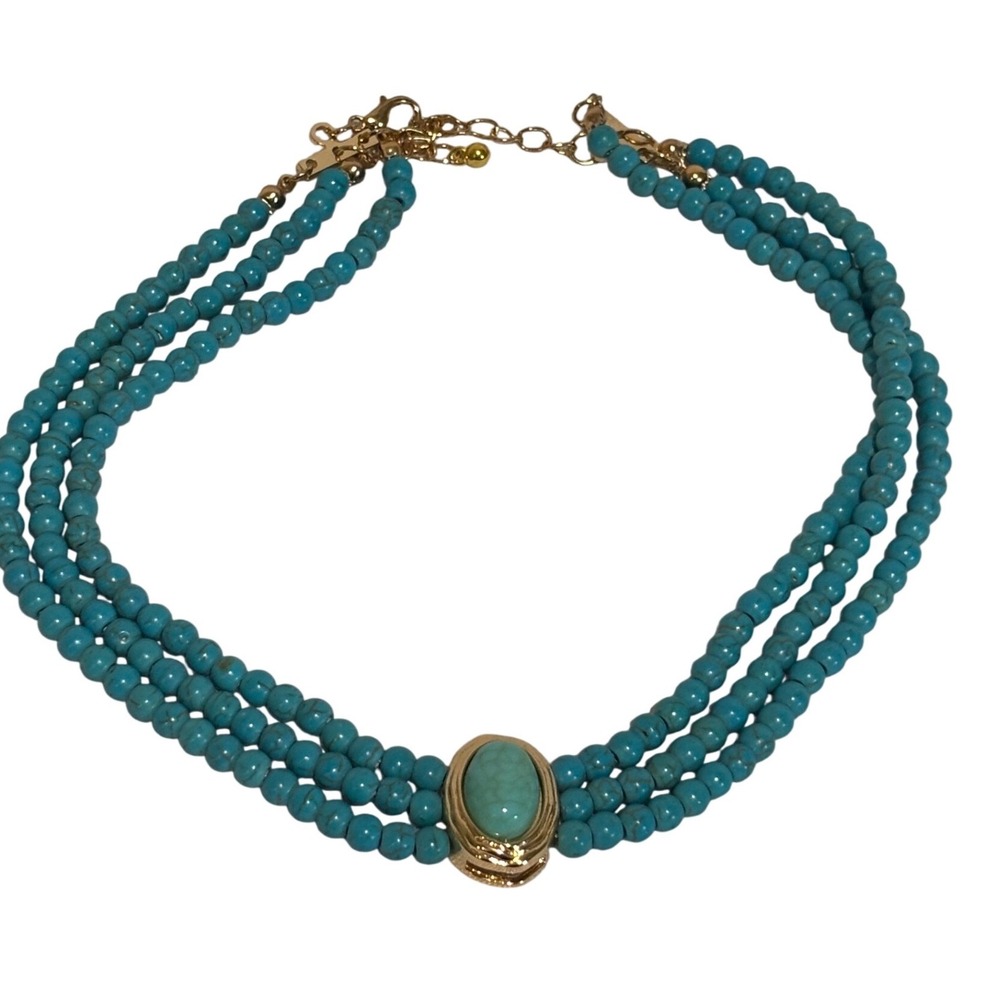 Faux Turquoise Triple Strand Beaded Statement choker Necklace Oval Cabochon boho